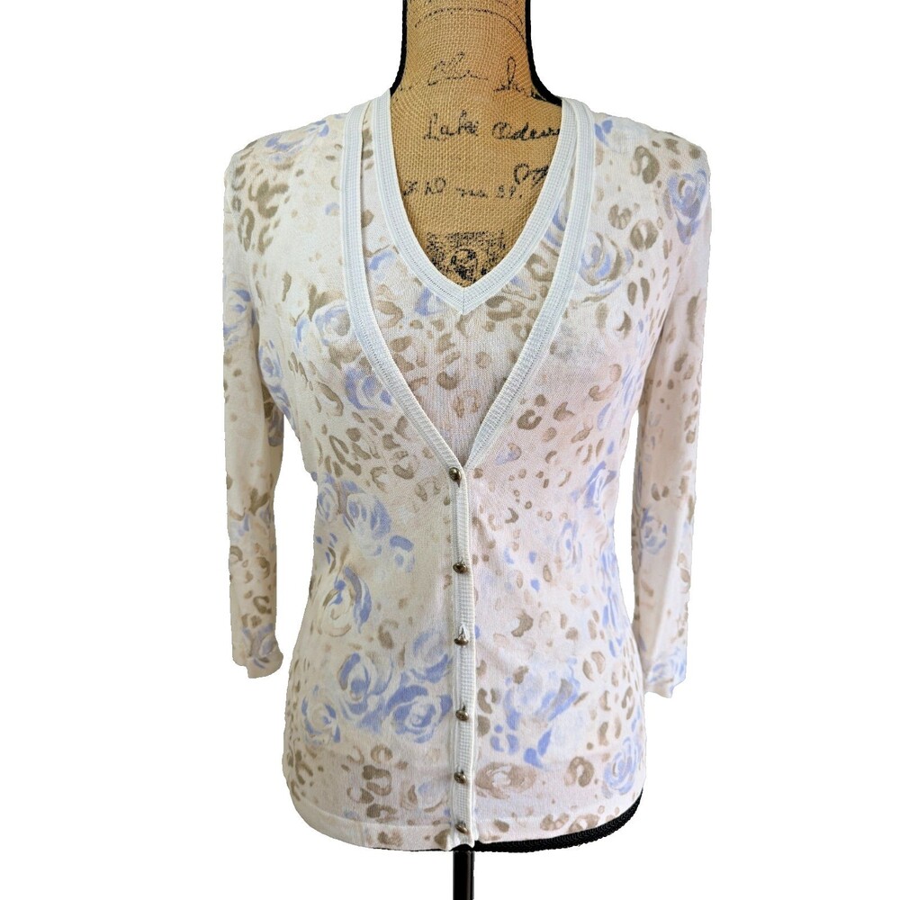 Les Copains 2 Pc Sweater Set Cardigan Shell Floral Pastel Print Knit Italy Sz M